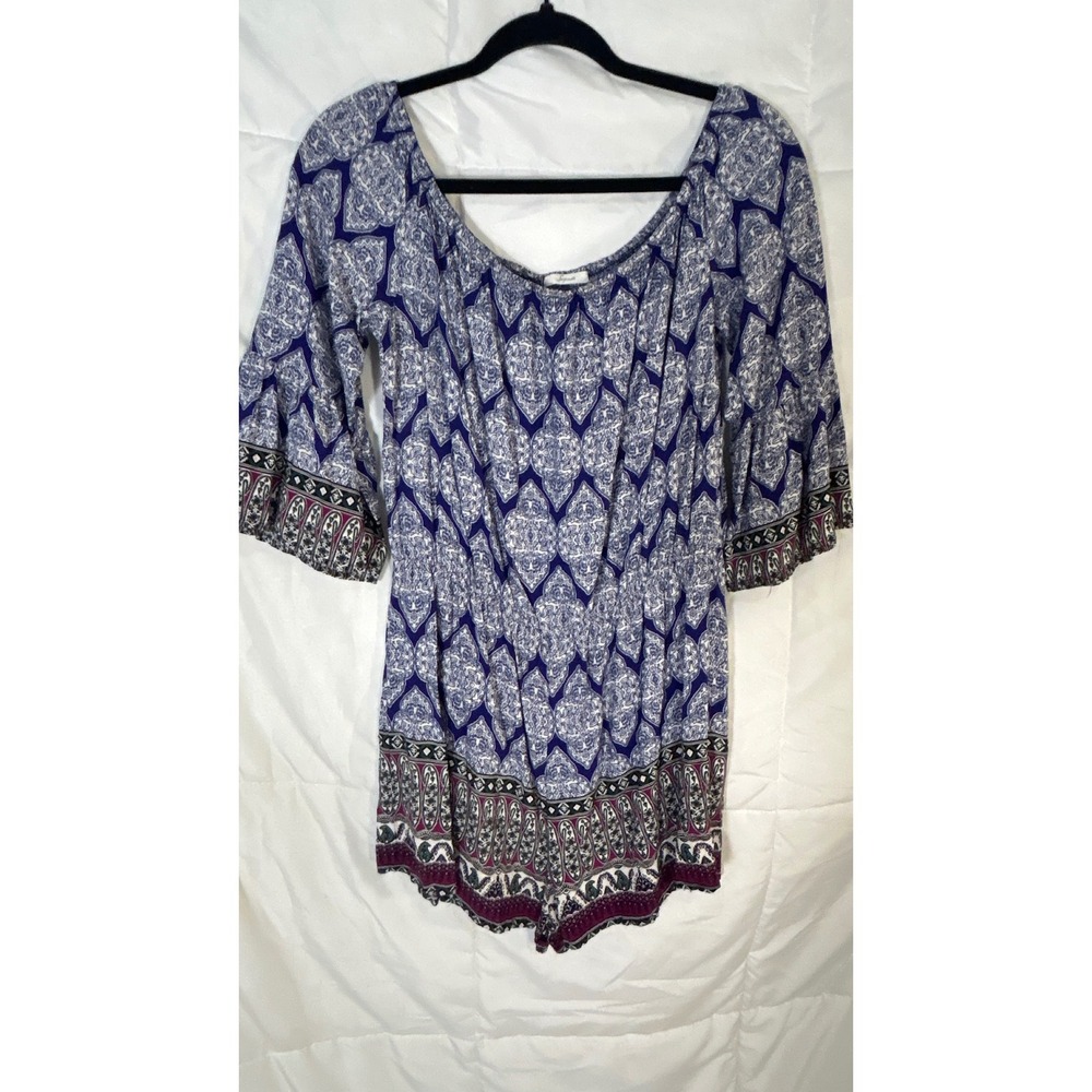 Soprano Blue White Paisley Print Off Shoulder Bell Sleeve Romper Women's